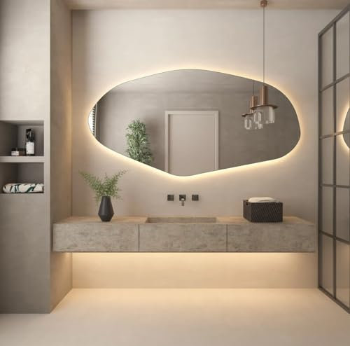 FAWdecor Asymmetrical Bathroom LED Mirror, Irregular Shape Vanity Wall Mirror with Led Light, Modern Full Length Backlit Frameless Long Washbasin Light Up (60 x 30)