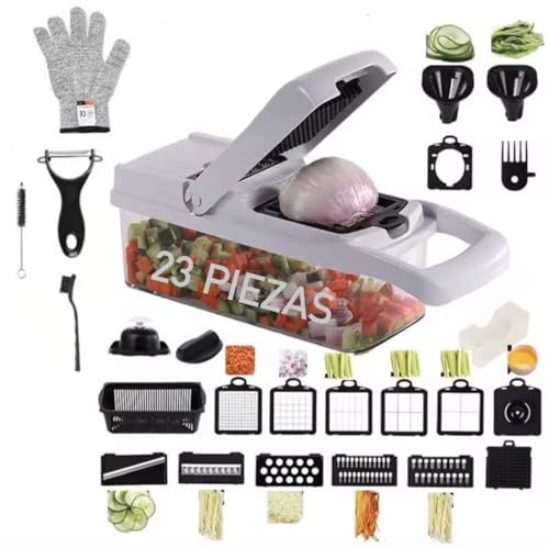 SOLUPACK360 Cortador de Verduras 23 en 1 Profesional – Mandolina Manual Multifuncional con Cuchillas de Acero Inoxidable, Rallador, Espiralizador, Picadora, Pelador, Contenedor y Accesorios