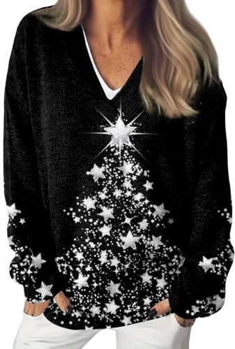 Gienslru Pull Femme Col V Chic Pulls Hiver Chaud Noël Halloween Sweat Vintage Norvégien sous Automne Tricotés Chauds Oversize Manches Longues Élégant Décontracté Grande Taille Causal Pullover Gilet