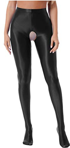 FEESHOW Donna Lucide Collant in Nylon con Cavallo Aperto Lucido Brillante Shiny Leggings Calze Intimo Seducente Nero L