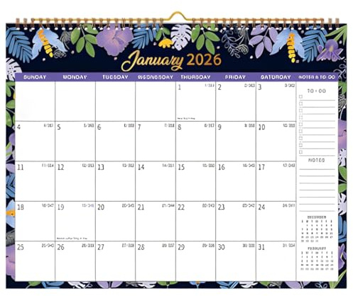 SURALIN Calendrier 2026, calendrier de 12 mois de janvier à décembre 2026, 12 x 15 pouces, calendrier mensuel à reliure spirale pour la maison, l'école ou le bureau