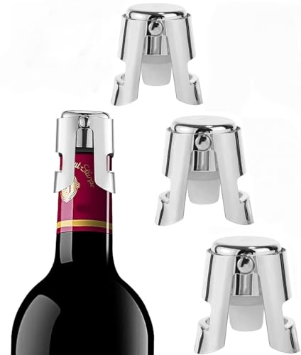 Stainless Steel Champagne Stoppers, Reusable Wine Bottle Sealer, Vacuum Sealed Prosecco Saver, Silver, 3 Pack (Silver)