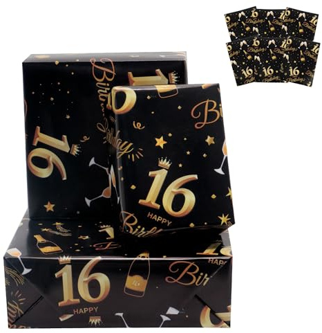 6 Sheets 16th Birthday Wrapping Paper,70x50cm Happy Birthday Wrapping Paper | Black and Gold 16th Birthday Gifts Decorations for Boys & Girls, Recyclable - 16th