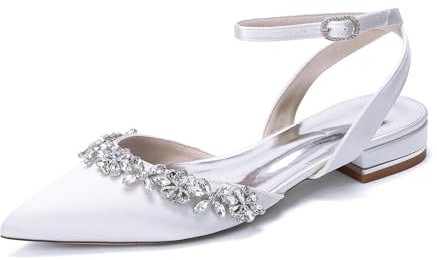 TNMIUH Zapatos de Novia Planos con Talón Abierto de Satén y Punta Fina - Bailarinas de Boda con Pedrería y Correa al Tobillo Elegantes para Fiesta,Blanca,39 EU