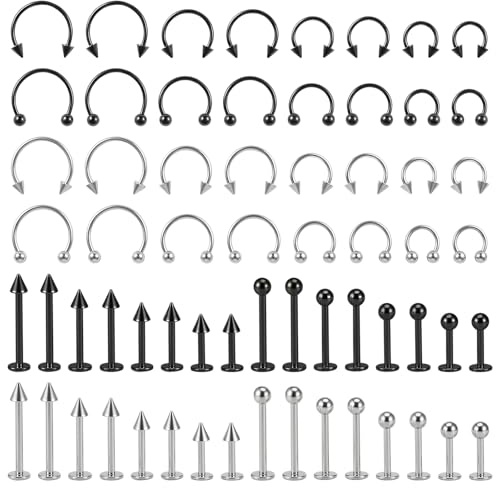Lusofie 64 Pcs Lip Rings Snake Bite Lip Piercing Jewelry 16G Stainless Steel Helix Earring Daith Tragus Cartilage Studs Horseshoe Labret Jewelry for Women Men