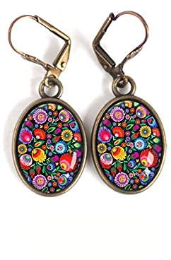 Boucles d'oreilles cabochon, fleurs colorées folklore russe mexicain floral poupée russe matryoshka