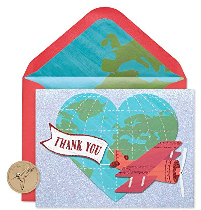 Papyrus Thank You Cards with Envelopes, Globe and Plane with Glitter (8-Count)
