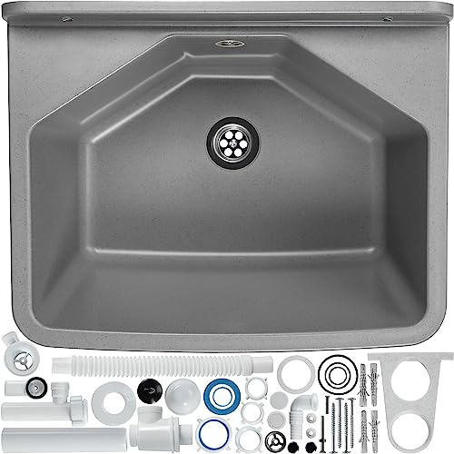 Piscina per versare gospo con sifone, 46 x 37 x 20 cm, lavabo in plastica, lavaggio per garage, seminterrato, lavanderia, officina, gruppo muro, piatto, lavandino inclusi accessori (grigio)