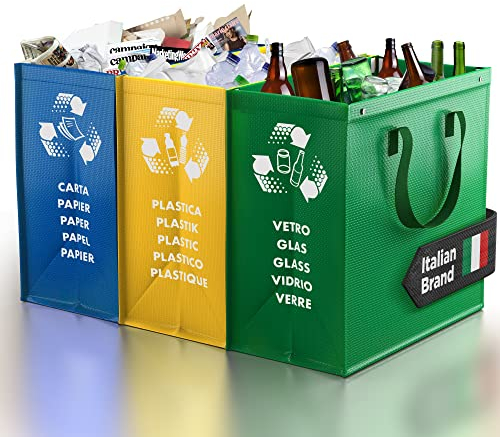 PTMS® Borse Raccolta Differenziata - 3 Bidoni Differenziata da Interno ed Esterno per Carta, Plastica e Vetro - Set Bidoni per Raccolta Differenziata Interno in Colore di Riciclaggio