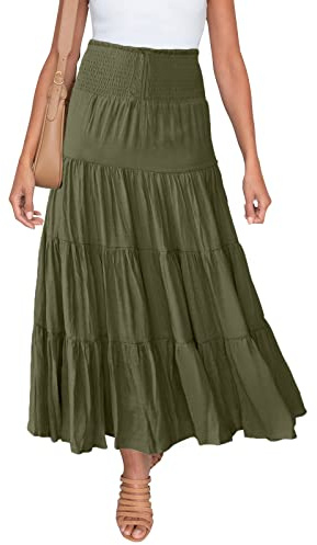 HAEOF Jupe longue maxi fluide bohème d'été pour femme - Ceinture élastique à cordon de serrage tendance - Jupe plissée à taille haute - Coupe A - Jupe longue de plage, Vert kaki, Taille XL