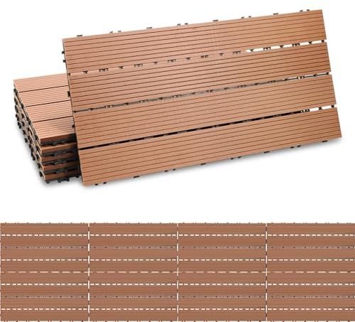 Ikodm Piastrelle in Plastica Composita WPC, 30x60cm 30 Pezzi 5m² Pavimentazione in Plastica-legno all'aperto con Drenaggio e Sistema Plug-in, Antiscivolo, Marron