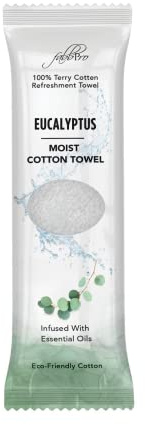 FabbPro Oshibori Moist Terry Cotton Refreshment Towels (25 Pack, 8 x 8 Inches) - White Scented Pre-moistened Towel to Use Hot or Cold (Eucalyptus)