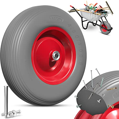 MASKO® PU Schubkarrenrad Vollgummi 200 kg 4.80/4.00-8 Ø 390mm Achse Ersatzrad Gummirad Stahlfelge Reifen pannensicher für Schubkarre Gartenkarren pannensicheres PU Rad inkl. Handschuhe, Grau/Rot