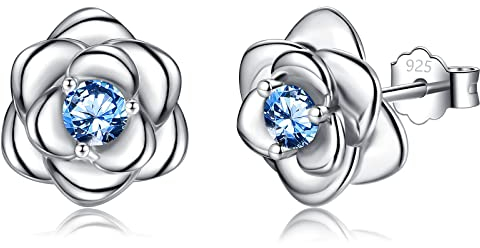 Klein Rose Ohrstecker Silber 925 für Damen Mädchen, Silber Rose Ohrringe mit Blau Zirkonia Zierliche Knorpel Tragus Helix