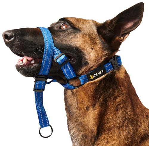 Zevey Dog Headcollar with Safety Strap Stops Heavy Pulling On The Leash Padded Reflective Head Halter for Small Medium Large Dogs Adjustable Head Harness for Training and Walking (Blue, L)