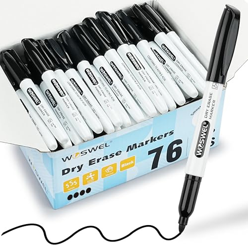 WOSWEL Dry Erase Markers Bulk, 76 Pack Black Fine Tip Whiteboard Markers, Fine Point, Low Odor Dry Erase Markers for School Office Home, Non-Toxic Easy Clean