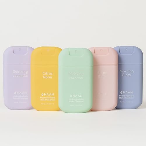 HAAN Hydrating Hand Cleansing Spray with Aloe Vera (Pack of 5) – Clean Your Hands - 1 of Each Scent: Morning Glory, Bright Rose, Citrus Noon, Purifying Verbena, Soothing Lavender