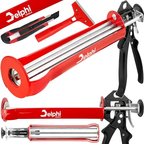 Delphi Pistolet à cartouche en silicone de 330 ml et grattoir - Triple barre de pression pour l'application de masses à haute viscosité - Pistolet en silicone pour acrylique, mortier, silicone et