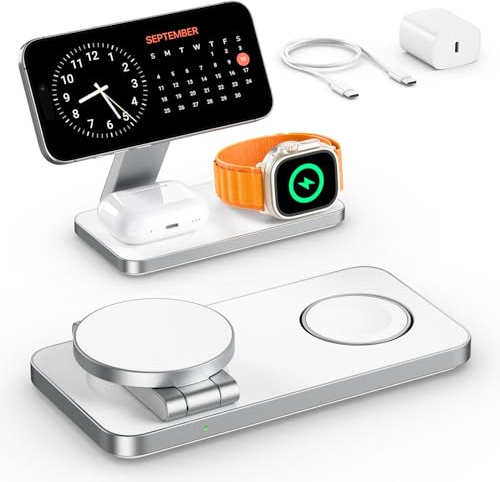 Keepro 3 in 1 Wireless Charging Station for iPhone Magnetic Portable, Fast Wireless Charger Stand for iPhone Air/17e/17/16/15/14/13/12, AirPods Pro 3 2 Apple Watch (Adapter Included)-White