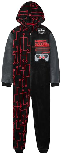 Get Trend Pijama Niño Entero Cremallera, Ropa de Dormir Adolescentes, Mono Cálido con Capucha de Videojuegos, Ideas Regalo (11-12 Años, Negra Gaming)