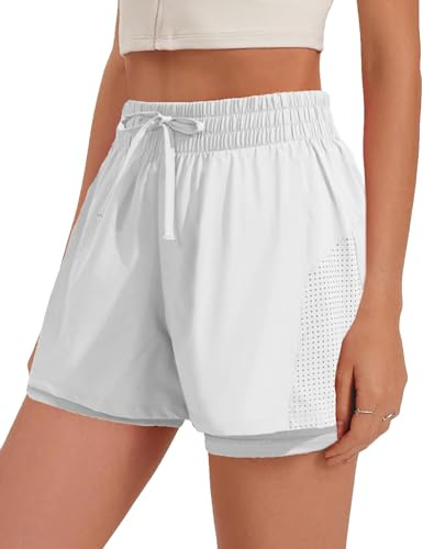 PINSPARK Short de sport court pour femme Shorts de sport 2 en 1 avec poches taille haute pantalon de course à séchage rapide pantalon d'entraînement pantalon de course fitness yoga jogging, A blanc