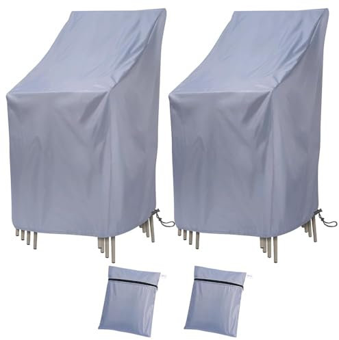 Ricyea 2 Stück Gartenstühle Abdeckung Wasserdicht, Winddicht, UV-Beständiges Gartenstuhl Schutzhülle aus Oxford, Abdeckhaube für Stapelstühle Gartenstuhl Hochlehner (Grau)