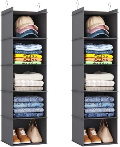 Lifewit 2 Pack Wardrobe Storage Organiser with Metal Hooks, 5 Tier Hanging Storage, Foldable Fabric Shelves Organiser for Clothes, Towels, Shoes, Toys