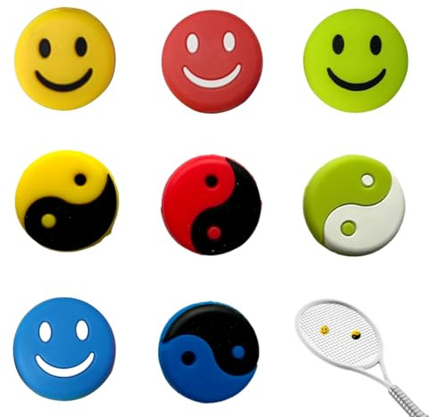 Gaodercha 8 amortiguadores de vibración de raqueta de tenis, amortiguadores de silicona para raqueta de tenis, coloridos amortiguadores de golpes con estilos de sonrisa y tai chi para jugadores de