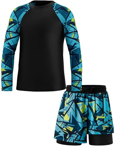 KAKU NANU 2-delat badset för pojkar, långärmad rashguard dubbelskiktade badshorts, UV-baddräkt för 110–164 (5–16 år), Mörkblå, 110-116