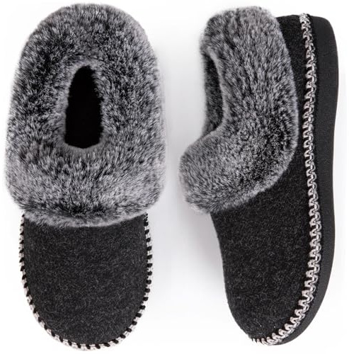 EverFoams Women's Bootie Slippers Warm Soft Comfy Memory Foam Non-slip Indoor House Shoes with Fluffy Collar Black Size 6 UK