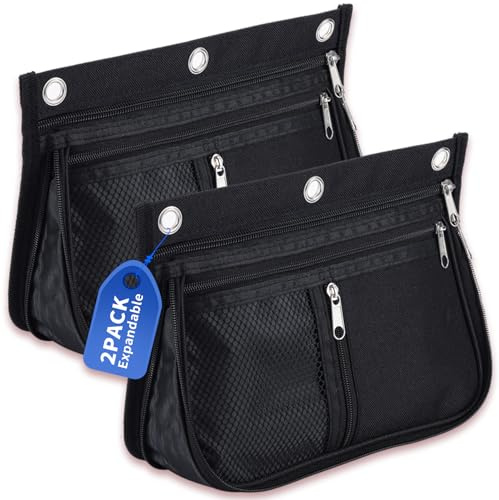 Sooez Pencil Pouch for Binder, Expandable Zipper Pencil Pouch, Fabric Pencil Pouches Binder Pockets, Large Capacity Binder Pouch, Pencil Case for 3 Ring, Black, 2 Pack