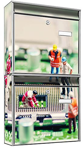 banjado Briefkastenanlage 2 Fach - 2 Briefkästen 36x64x10cm groß - Doppelbriefkasten Set - Namensschild, 2 Schlüssel, Montagematerial - Stahl verzinkt Silber - Motiv Prozessor