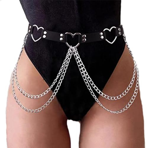 Flovel Punk-Leder-Taillenkette Schwarz Geschichtete Körperketten Herz Rave Bauchkette festival Schmuck für Frauen und Mädchen