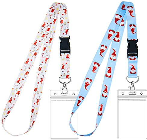 2 Sets Lanière Tour de Cou de Porte-Clés de Noël avec Porte-Carte d'Identité Sangles de Cou de Nouveauté avec Porte-Badge Transparent Étanche (Gnome Blanc Bleu)