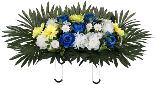 Memobloom Headstone Flower Saddle for Grave - Artificial Memorial Day Cemetery Flowers Silk Funeral Sympathy Floral Arrangements for Outdoor Gravestone Decorations (Yellow White Royal Blue)