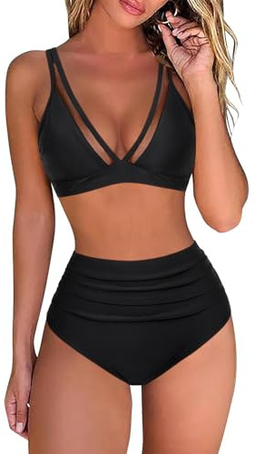 Maillots de Bain Femme 2 Pieces Taille Haute Push Up Bikini Set Ensembles Bikini Deux Pièces Col V Maillot de Bain Dos Nu Plage Beachwear Été