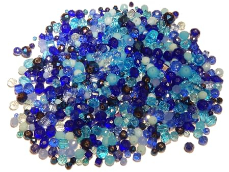Perlin Lot de 250 perles de cristal de Bohême, en verre CZ tchèques, tailles mélangées, mélange de couleurs, bleu