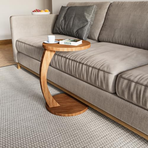WOOVEN DESIGN C-Shape Coffee Table with Wheels, Portable Sofa Side Table, Round, Stylish Walnut Wooden Furniture