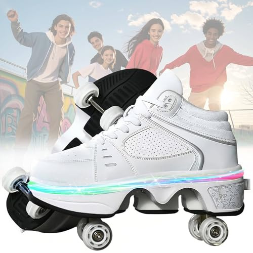 Pattini a rotelle da donna quad skates, pattini a rotelle deformation per ragazza, scarpe da ginnastica a rotelle per regali di compleanno del Ringraziamento (White with light, EU-40)