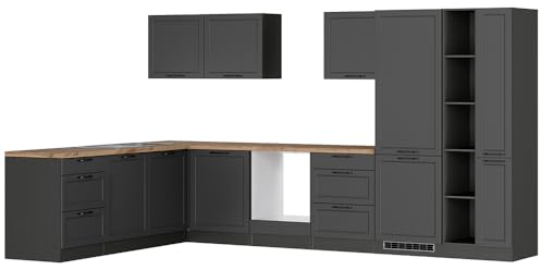 Lomadox Winkelküche Küche Einbauküche Küchenzeile L-Form 360/240 cm in grau, Arbeitsplatte in Eiche