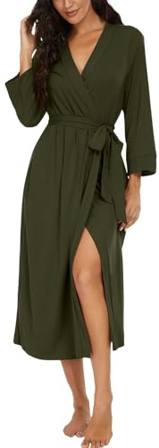 PrinStory Dressing Gown For Women Lightweight 3/4 Sleeve V Neck Long Kimono Robes Ladies Bathrobe Soft Sleepwear Loungewear (Olive Green, XXL)