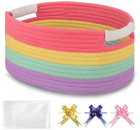 BOSROTY Small Woven Basket with Gift Bags and Ribbons, Empty Baby Gift Baskets for Kids Women Men, Nursery Storage, Small Cat Dog Pet Toy Boxes, 33 x 23 x 14 CM, Rainbow