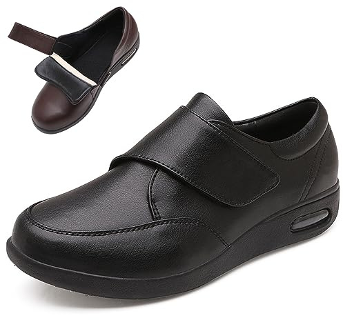 bumuam Chaussures en Cuir Diabétiques Extra Larges Chaussures de Marche Décontractées Réglable Antidérapante Confortable Cuir Pantoufles pour Les Pieds enflés Aged Black A 43