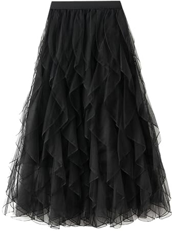 Jupe longue en tulle pour femme - Jupe midi - Taille haute - Jupe plissée - Jupe en maille - Patchwork - Tutu asymétrique - Jupe de loisirs pour femme - Couleur unie - Jupe plissée élégante - Jupe
