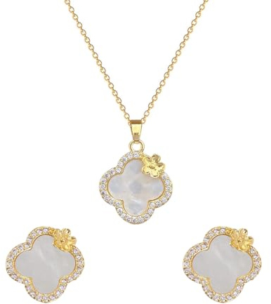 Hanaoops Parure Ensemble de Bijoux Femme Plaqué Or 18K Acier Inoxydable Trèfle à Quatre Feuilles Pendentif Collier Boucles d’ oreilles Set Vacances Mariage Soirée Parure de Bijoux des Zircon