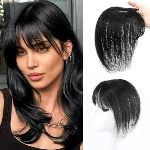 Pony Haarteil, Clip in Pony Echthaar, Haarteil Mit Klammer, Echtes Haar 3d French Fake Pony, 25 cm langes Haar, feste Clips, nahtlos unsichtbar (Schwarz)