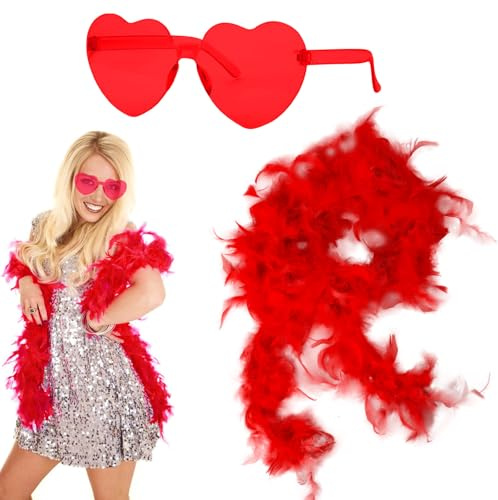 GWAWG Lot de 2 boas en plumes artificielles avec lunettes en forme de cœur, décorations artificielles pour accessoires de danse - 2 m de couleurs disponibles (Red)