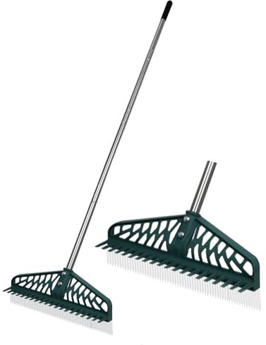 YEELOR Rastrillo de césped artificial, rastrillo de mano de jardín de doble cara, rastrillo de hojas de poste largo de acero inoxidable de 16 pulgadas de ancho para limpieza de césped de jardín