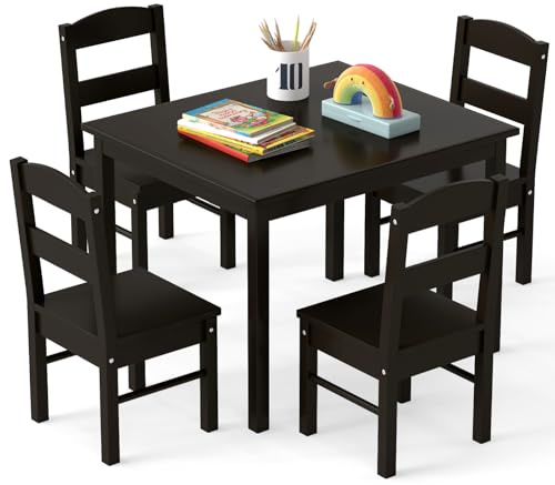 GYMAX Kids Table with 4 Chairs, Wooden Children Desk & Chair Set, 5-Piece Toddler Activity Furniture for Playing, Learning and Eating (Dark Brown)