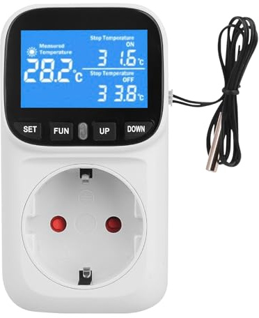 Regulador de temperatura, 230 V, regulador de temperatura digital, enchufes con sonda, enchufe y sonda, pantalla LCD, termostato para invernadero, terrario, frigorífico con modo de calefacción y